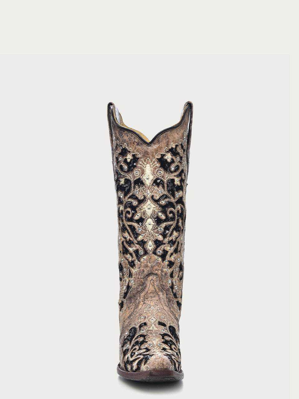 Women's Corral Brown Leather Boots with intricate black glitter inlay, floral embroidery, studs, and crystals on 13-inch shaft