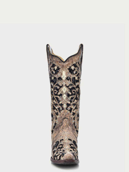 Women's Corral Brown Leather Boots with intricate black glitter inlay, floral embroidery, studs, and crystals on 13-inch shaft