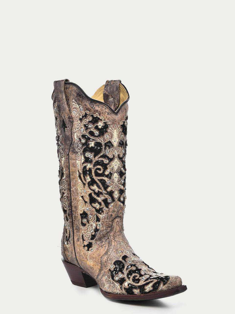 Women's Corral Brown Genuine Leather Boots with Inlay & Flowered Embroidery & Studs & Crystals