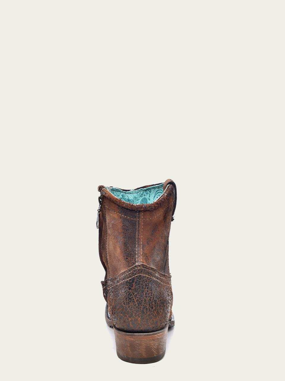 Women's Corral Chocolate Genuine Lamb Leather Boots with Abstract brown leather ankle boot with turquoise lining and textured detailing
