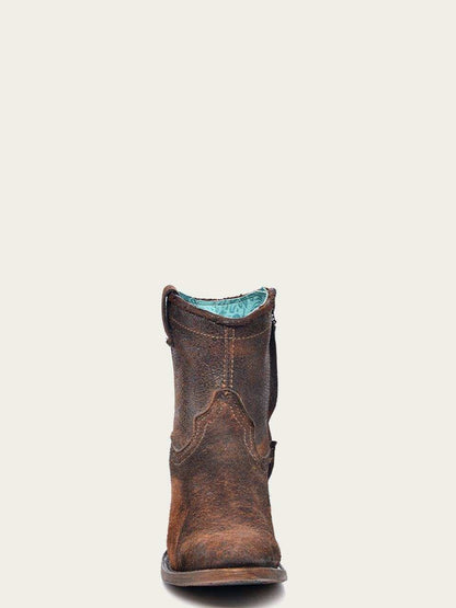 Women's Corral Chocolate Genuine Lamb Leather Boots with Abstract distressed brown leather boot with stitched detailing and round toe