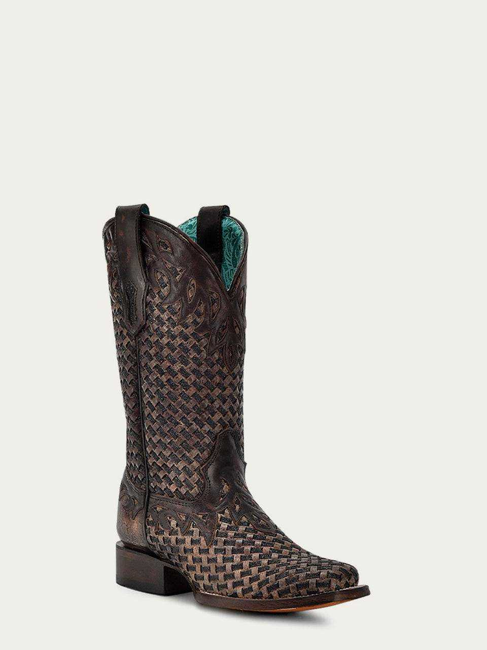Women's Corral Chocolate Genuine Leather Boots with Glitter Woven overlay, square toe and stacked heel