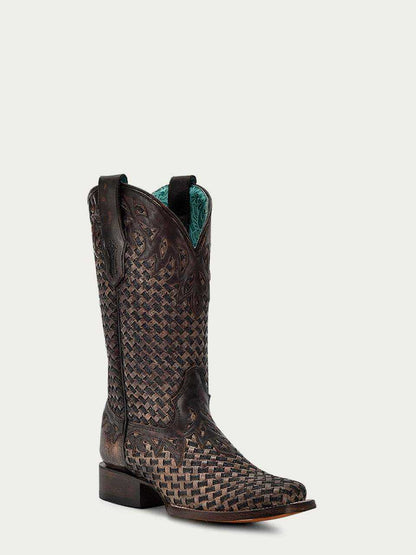 Women's Corral Chocolate Genuine Leather Boots with Glitter Woven overlay, square toe and stacked heel