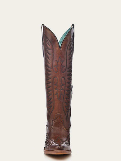 Women's Corral Cognac Genuine Leather Boots with Embroidery, tall brown leather western boot with floral stitching