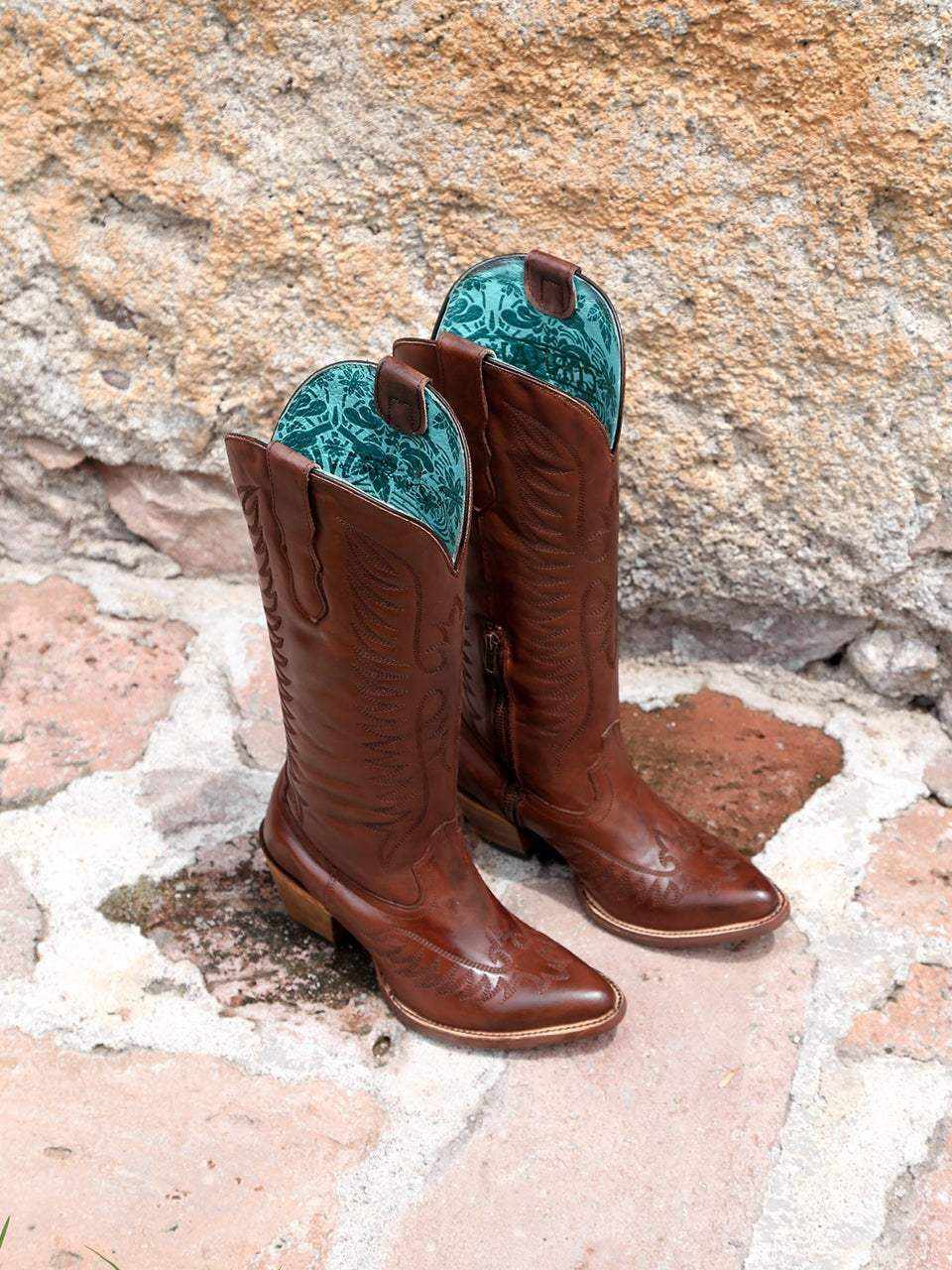 Women's Corral Cognac Genuine Leather Boots with Embroidery, brown leather cowboy boots with turquoise embroidered shafts