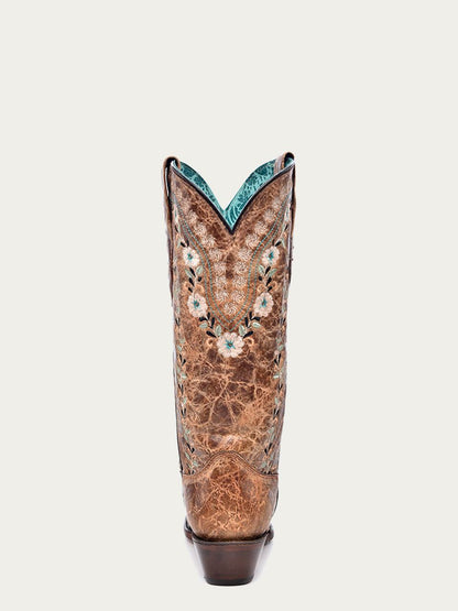 Women's Corral Cognac Genuine Leather Boots with Flowers, distressed brown leather with turquoise and cream floral embroidery and pull-on tabs