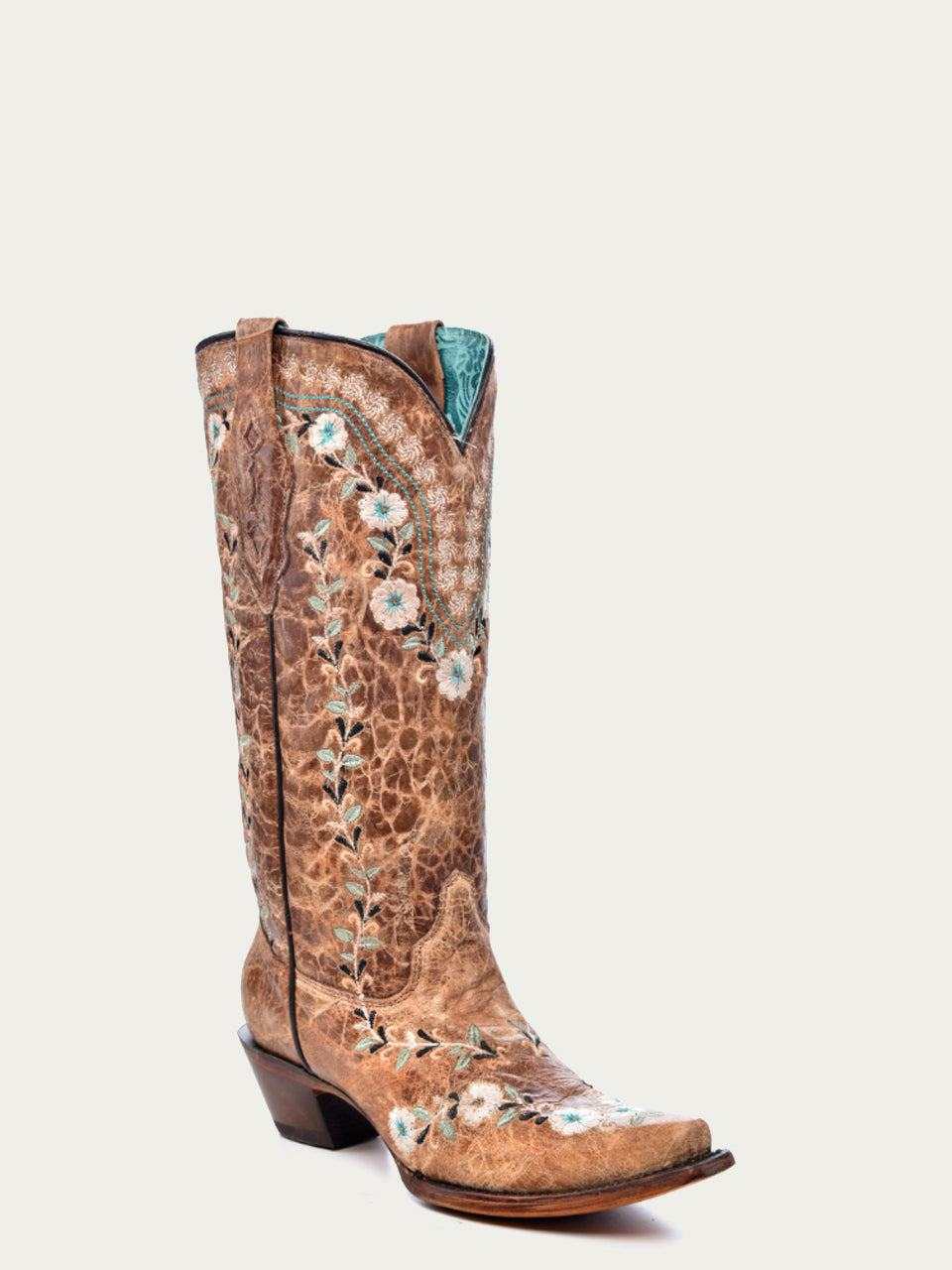 Women's Corral Cognac Genuine Leather Boots with Flowers in distressed brown leather with pale floral embroidery and a snip toe