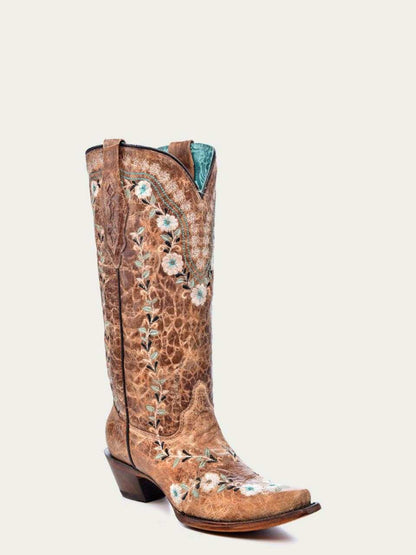 Women's Corral Cognac Genuine Leather Boots with Flowers in distressed brown leather with pale floral embroidery and a snip toe