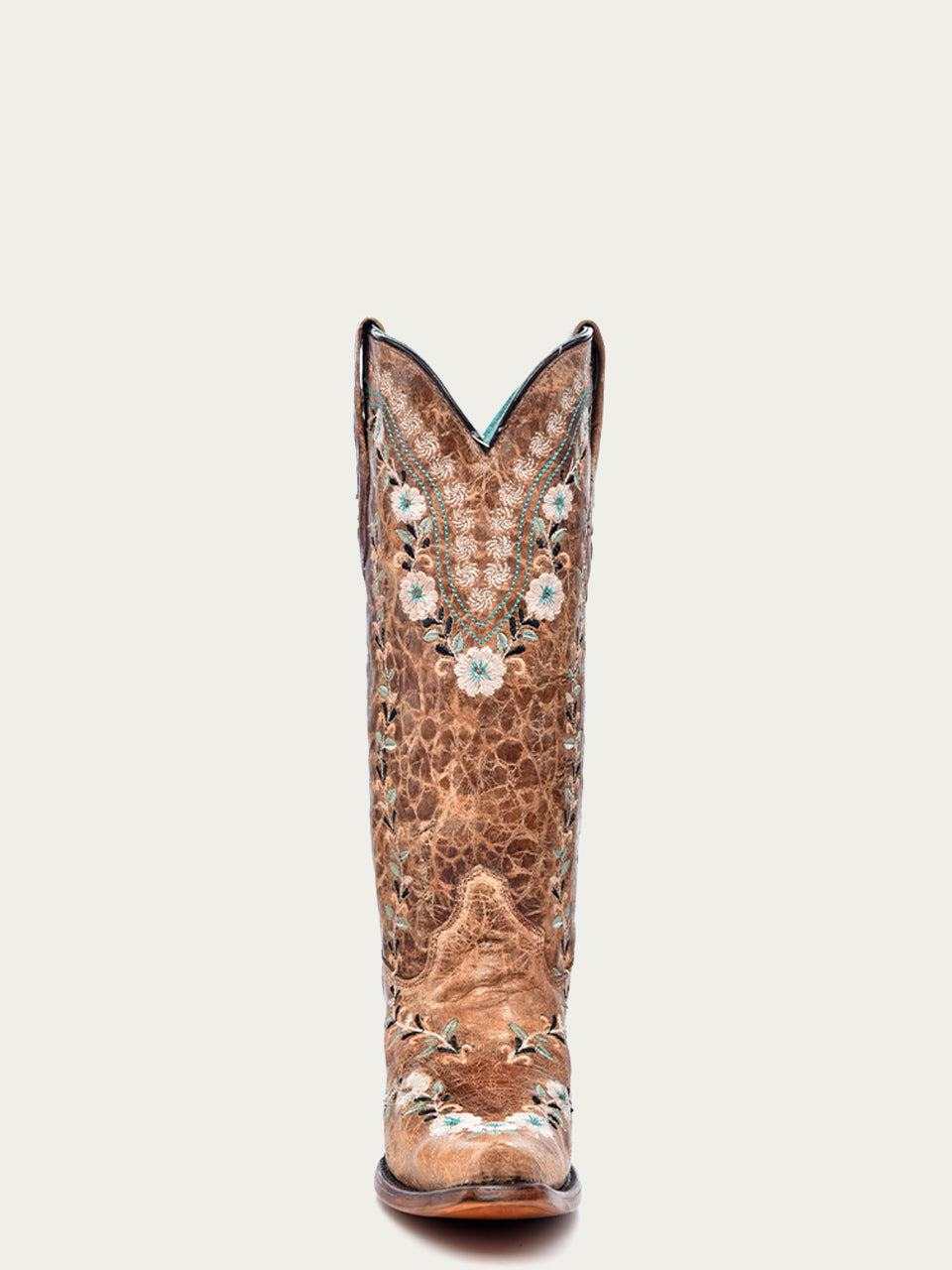 Women's Corral Cognac Genuine Leather Boots with Flowers in distressed cognac leather, with pale floral embroidery and a snip toe