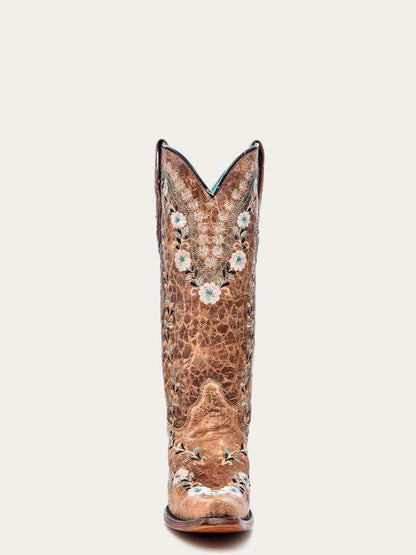 Women's Corral Cognac Genuine Leather Boots with Flowers in distressed cognac leather, with pale floral embroidery and a snip toe