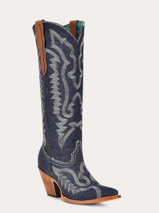 Women's Corral Denim Genuine Leather Boots in dark blue denim with ornate silver embroidery and a stacked brown heel