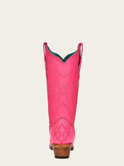 Women's Corral Fushia Genuine Leather Boots with Embroidery, bright pink leather western boots with stitched floral patterns