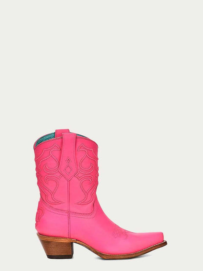 Women's Corral Fushia Genuine Leather Boots with Embroidery Ankle Boot in bright pink leather with stitched Western embroidery and snip toe
