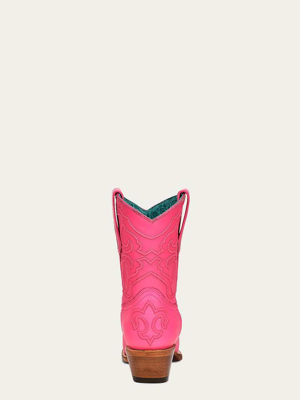 Women's Corral Fushia Genuine Leather Boots with Embroidery Ankle Boot in bright pink leather with ornate stitched embroidery and stacked heel