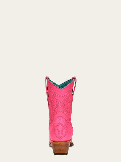 Women's Corral Fushia Genuine Leather Boots with Embroidery Ankle Boot in bright pink leather with ornate stitched embroidery and stacked heel