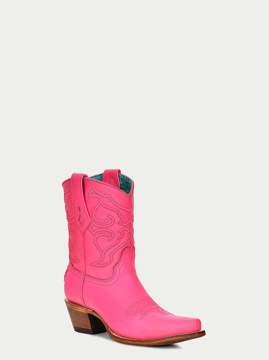 Women's Corral Fushia Genuine Leather Boots with Embroidery Ankle Boot in bright pink leather with stitched embroidery and snip toe
