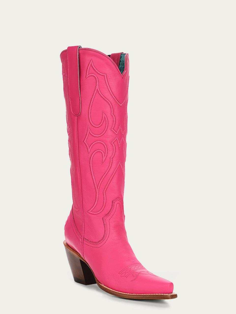 Women's Corral Fushia Genuine Leather Boots with Matching Stitch Pattern in bright pink leather with snip toe