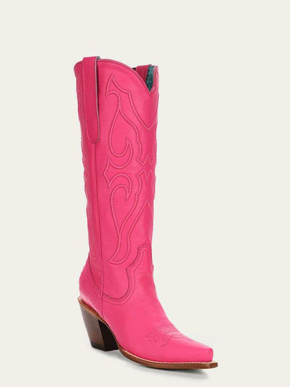 Women's Corral Fushia Genuine Leather Boots with Matching Stitch Pattern in bright pink leather with snip toe
