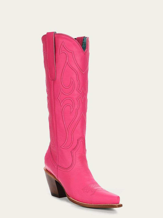 Women's Corral Fushia Genuine Leather Boots with Matching Stitch Pattern in bright pink leather with snip toe