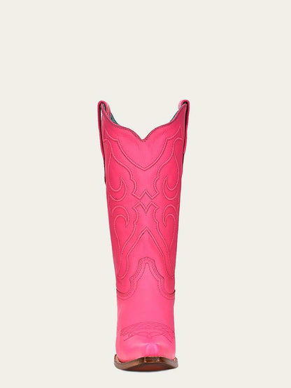 Women's Corral Fushia Genuine Leather Boots with Embroidery, bright fuchsia leather western boot with ornate stitched embroidery