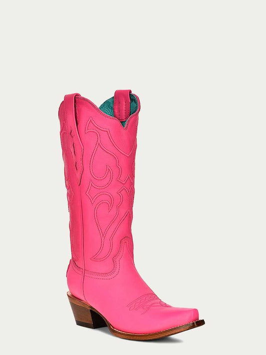 Women's Corral Fushia Genuine Leather Boots with Embroidery in vivid fuchsia leather with ornate stitched western designs and snip toe