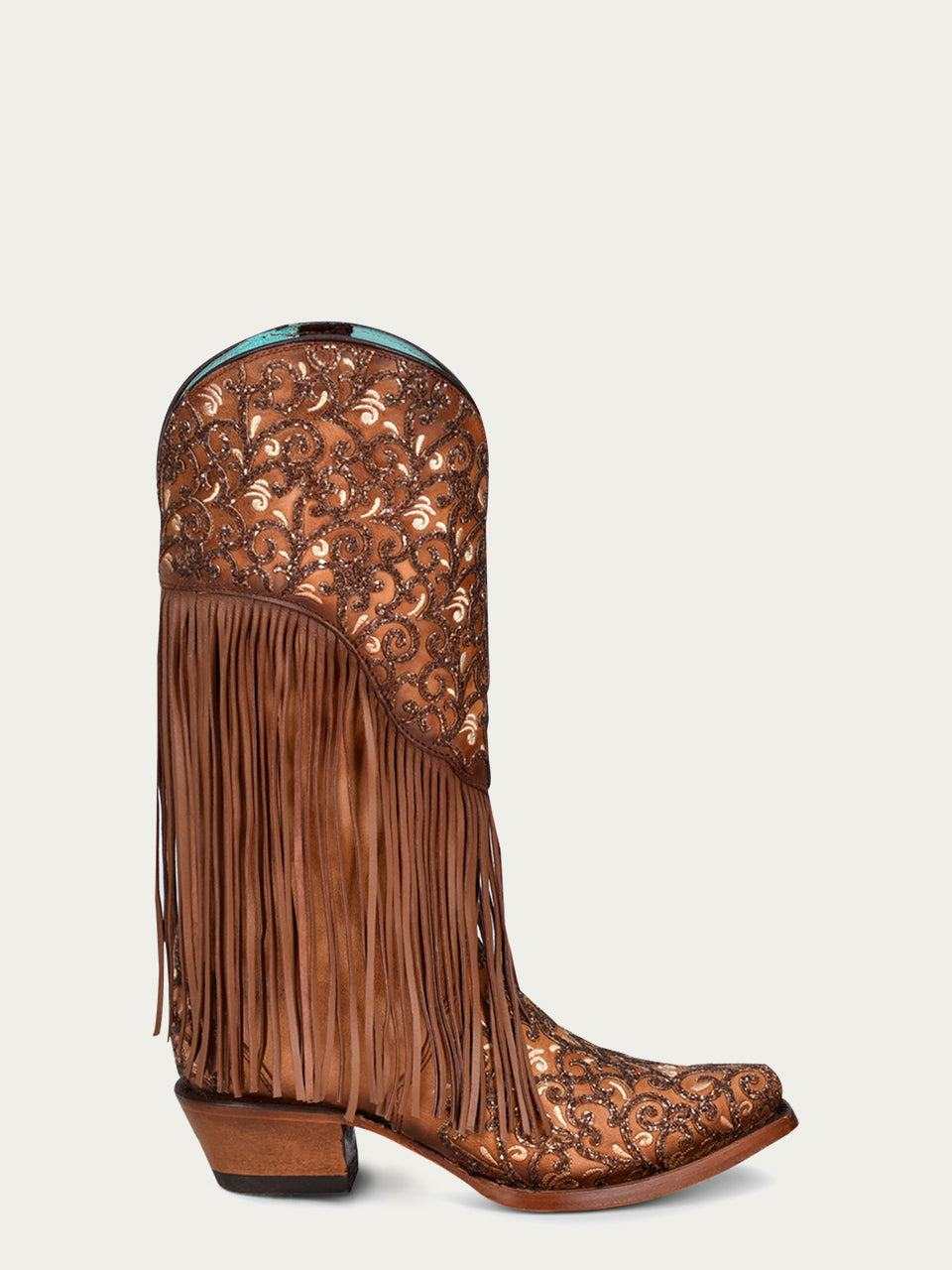 Women's Corral Honey Genuine Lamb Leather Boots with Fringe, brown leather and ornate white embroidery with long side fringe.