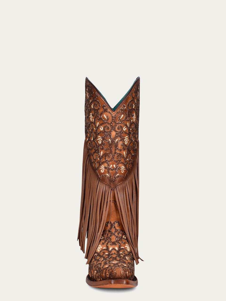 Women's Corral Honey Genuine Lamb Leather Boots with Fringe in brown leather, with ornate dark embroidery and long fringe