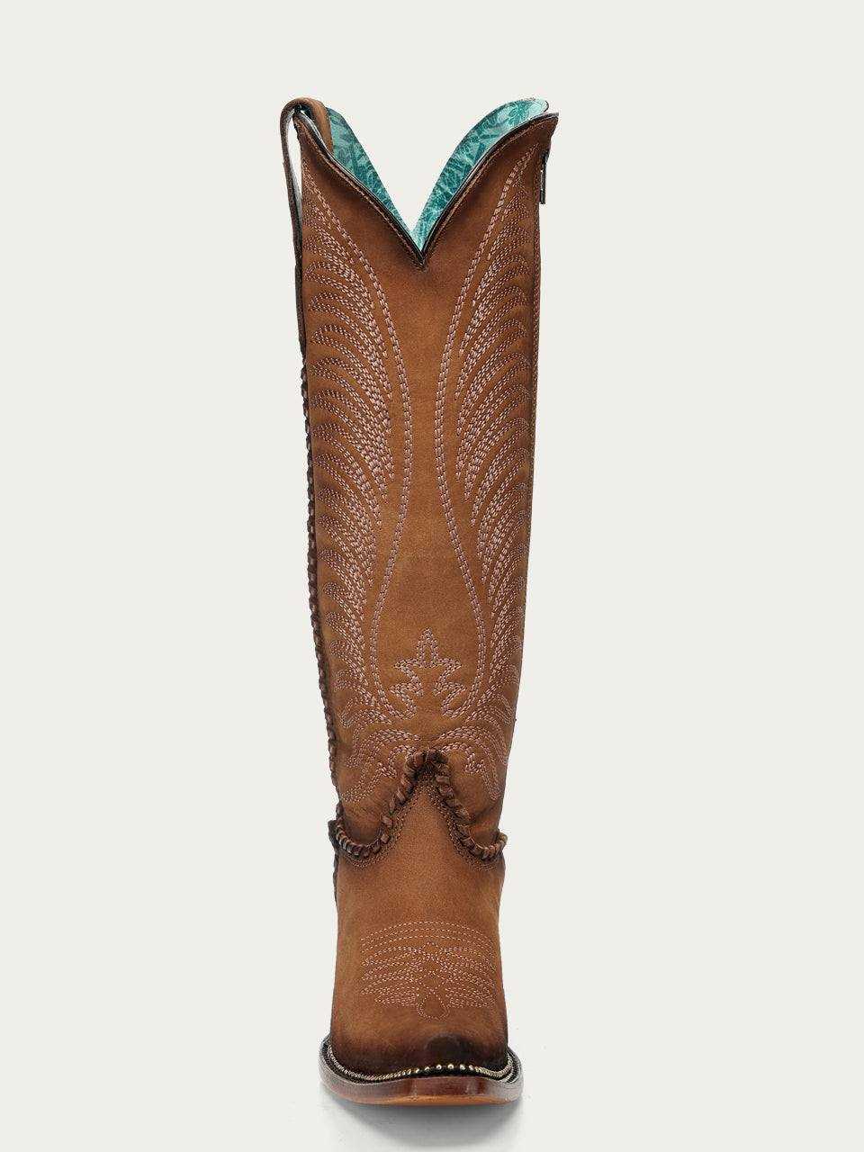Women's Corral Honey Genuine Leather Boots with Embroidery, tall brown leather cowboy boot with ornate stitching and turquoise lining