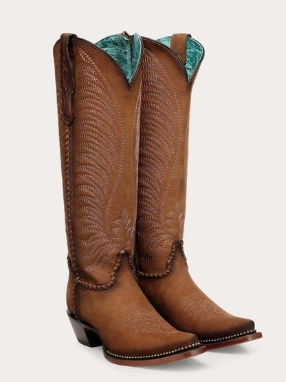 Women's Corral Honey Genuine Leather Boots with Embroidery, tall brown leather cowboy boots with snip toes and stitched patterns