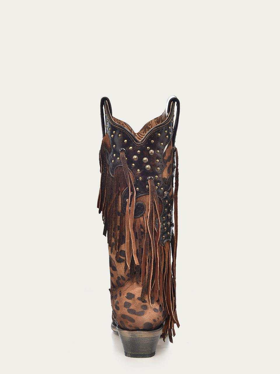 Women's Corral Honey Genuine Leather Boots with Studs & Fringes, leopard-print leather with black overlay and long fringe