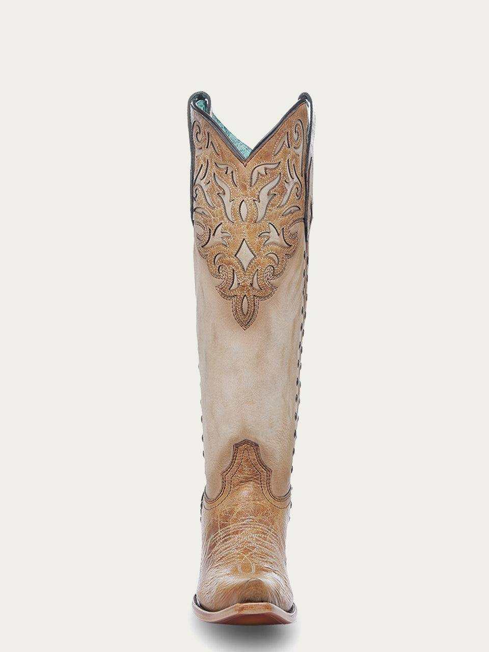 Women's Corral Honey Genuine Leather Boots with Bone Overlay feature a light tan leather shaft with ornate brown embroidery.