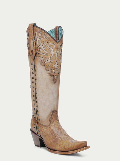 Women's Corral Honey Genuine Leather Boots with Bone Overlay, tall tan leather with ornate stitching, studs and turquoise pull tabs.