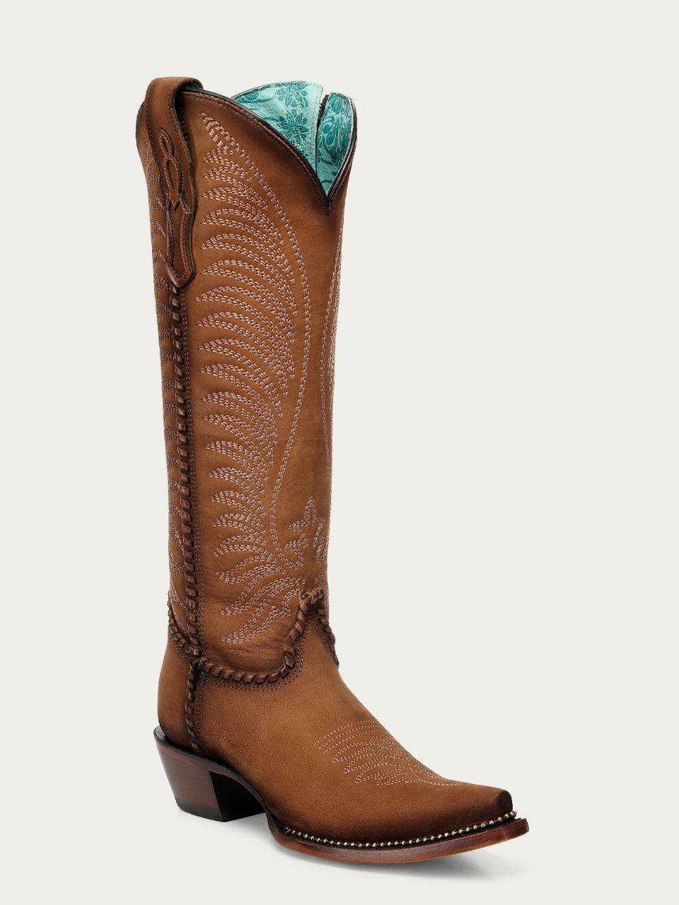 Women's Corral Honey Genuine Leather Boots with Embroidery, tall brown leather cowboy boot with stitched feather pattern and snip toe