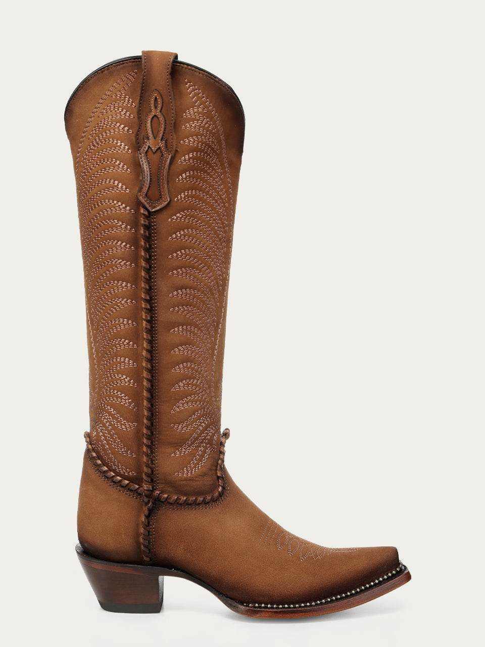 Women's Corral Honey Genuine Leather Boots with Embroidery, tall brown leather cowboy boot with stitched patterns and snip toe