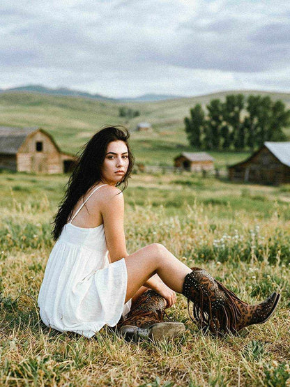 Women's Corral Honey Genuine Leather Boots with Studs & Fringes, brown leather western boots with leopard print, fringe, and studs