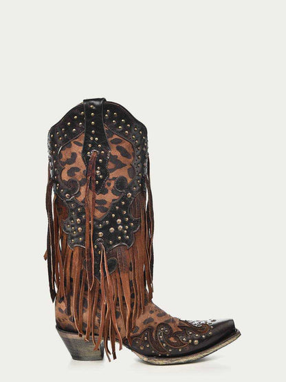 Women's Corral Honey Genuine Leather Boots with Studs & Fringes, brown leather with leopard print, fringe and copper studs
