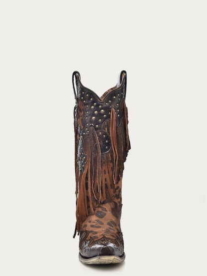 Women's Corral Honey Genuine Leather Boots with Studs & Fringes, brown leather with leopard print, fringe and copper studs