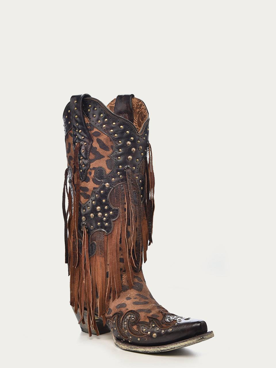 Women's Corral Honey Genuine Leather Boots with Studs & Fringes, brown leather western boot with leopard print, black overlay and long fringe
