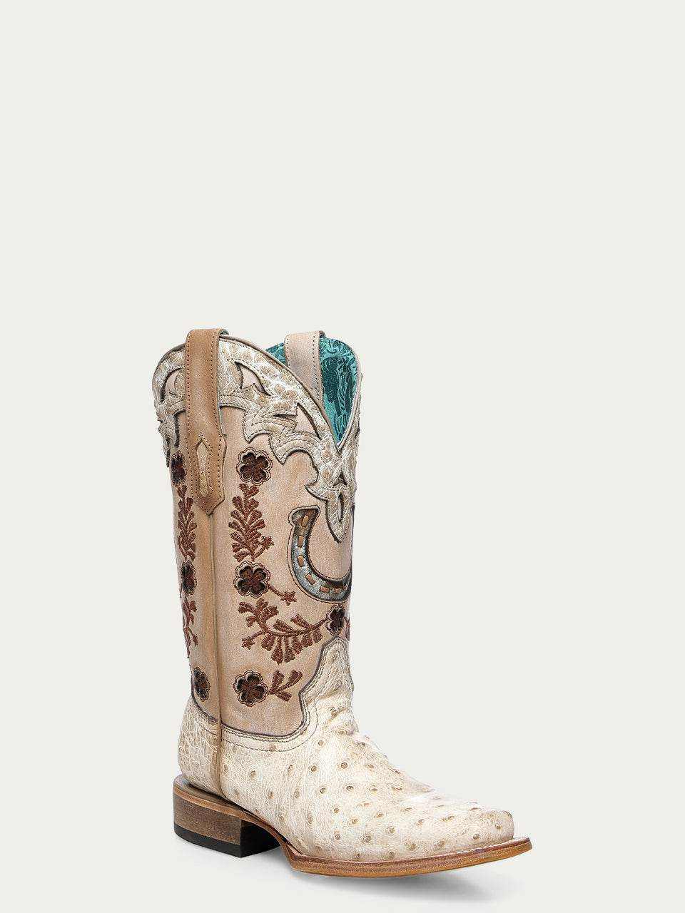 Women's Corral Ivory Genuine Full Quill Ostrich Boots with Horseshoe Overlay & Embroidery & Handwoven