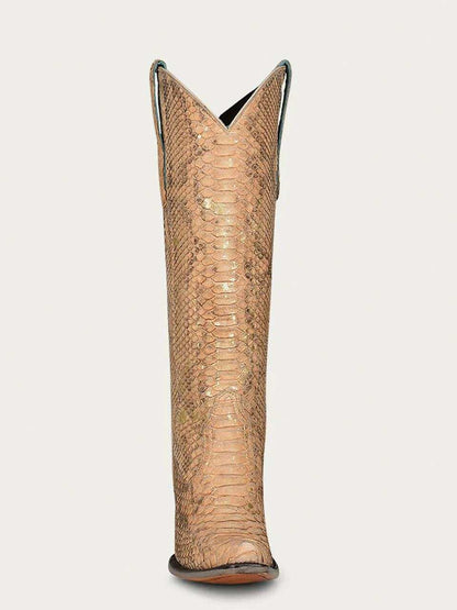 Women's Corral Nude Genuine Python Boots with Full Tall Top, tan python leather with high shaft and pointed toe
