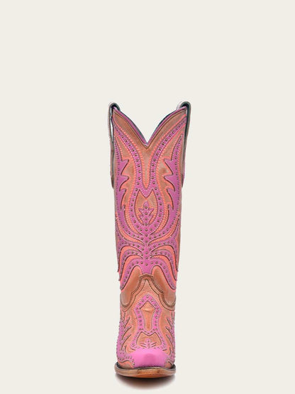 Women's Corral Pink Genuine Leather Boots with Overlay & Fluorescent Embroidery & Studs, tall pink western boots
