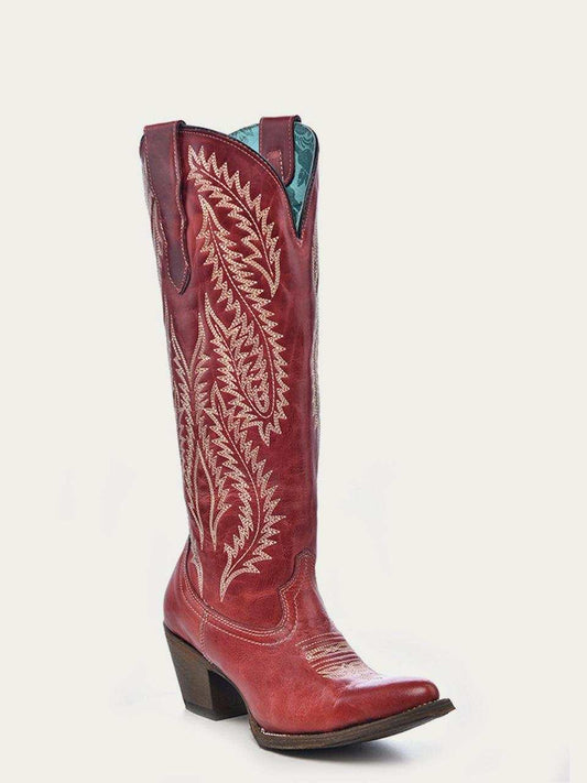 Women's Corral Red Genuine Leather Boots in faded red leather with ornate cream embroidery, tall shaft and snip toe