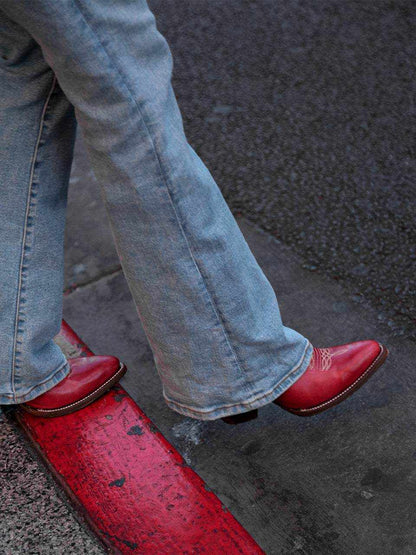 Women's Corral Red Genuine Leather Boots in bright red leather with subtle stitched trim and pointed snip toes