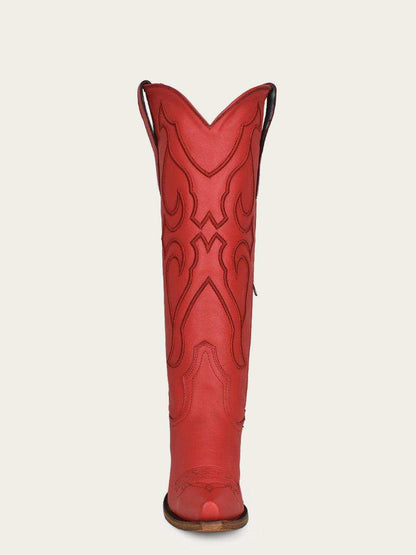 Women's Corral Red Genuine Leather Boots with Tall Top, red leather shaft with matching dark stitched western motifs and pull tabs.