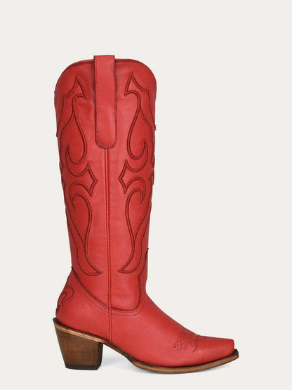 Women's Corral Red Genuine Leather Boots with Tall Top, featuring red leather, tonal stitched motifs, pull strap and snip toe