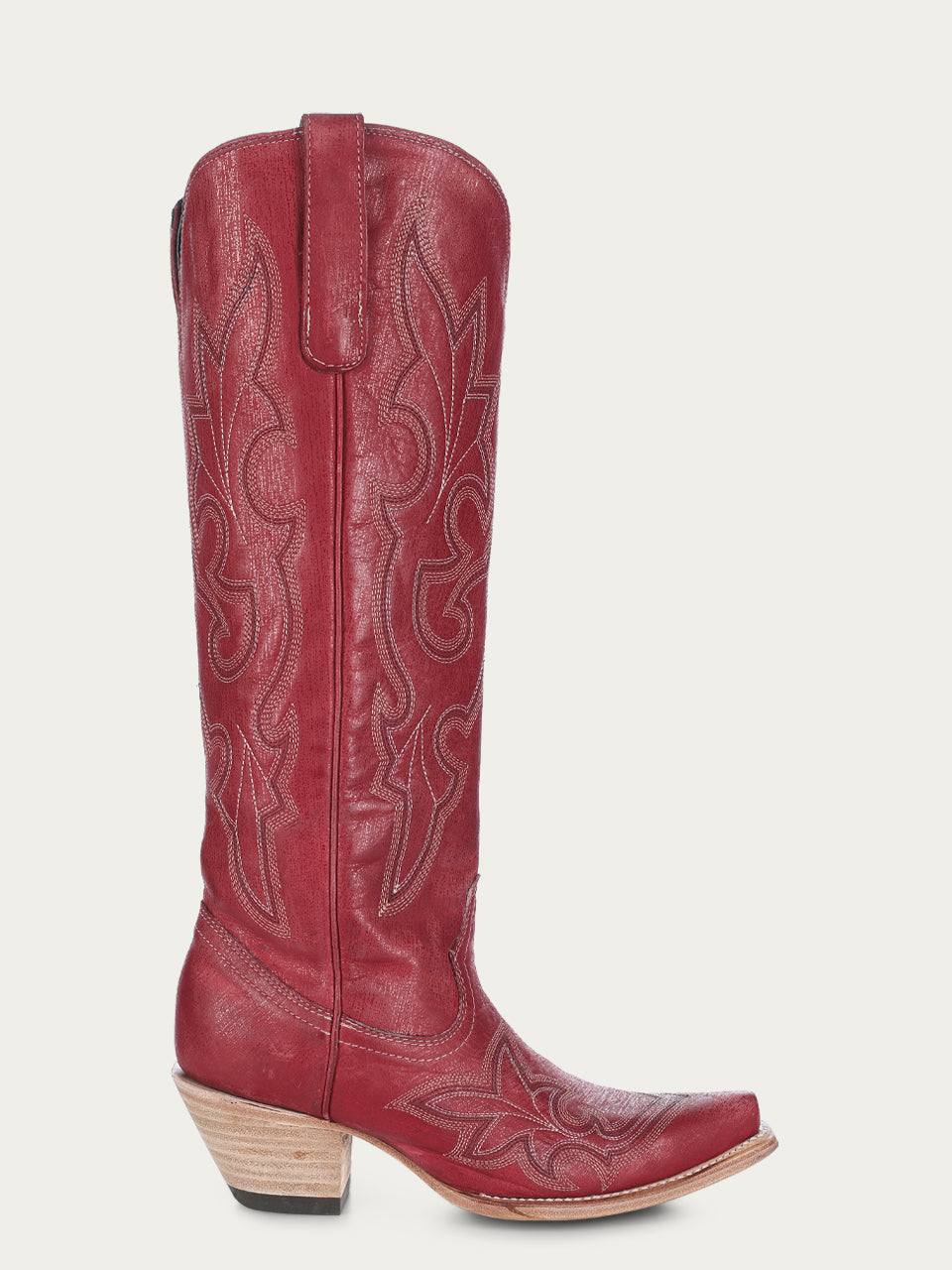 Women's Corral Red Leather Boots in cowhide with intricate western embroidery, 17-inch shaft, snip toe, and stacked heel