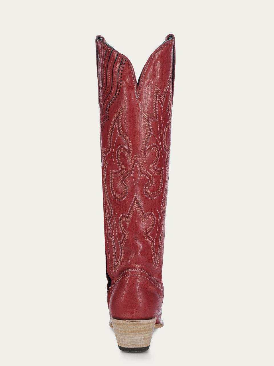 Women's Corral Red Leather Boots featuring tall 17-inch red cowhide leather shaft with detailed western embroidery and snip toe