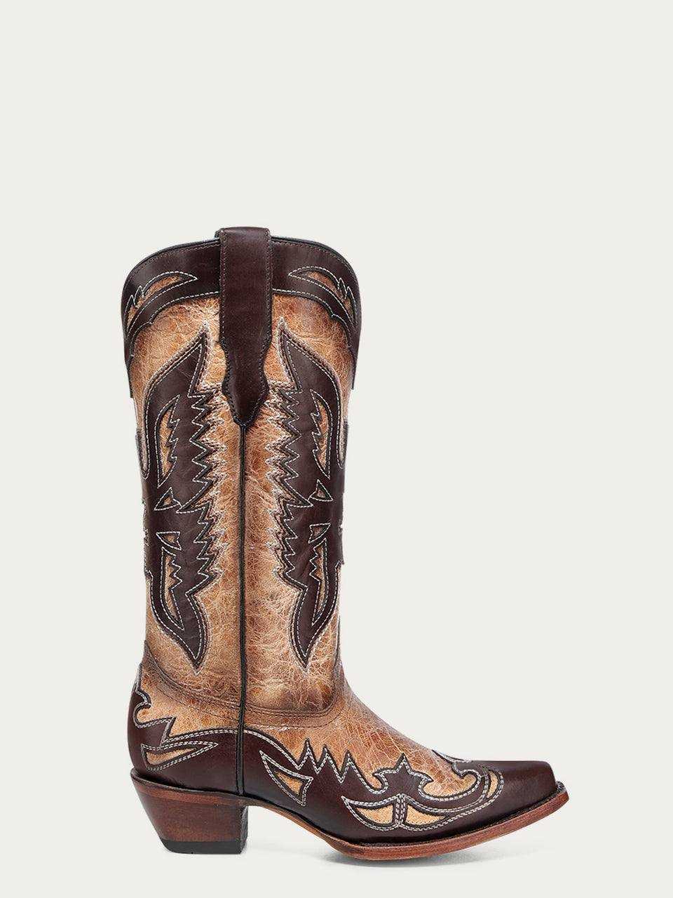 Women's Corral Sand Genuine Eagle Boots with brown leather shafts, dark overlays, cream zigzag embroidery and snip toes