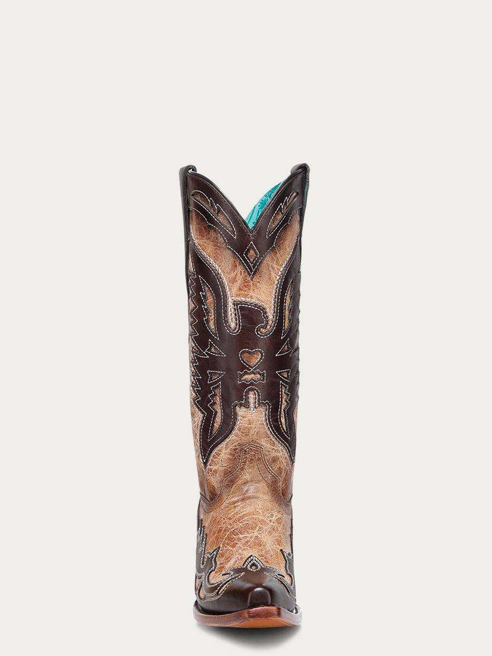 Women's Corral Sand Genuine Eagle Boots in tan and dark brown leather, with stitched eagle overlay and wingtip details