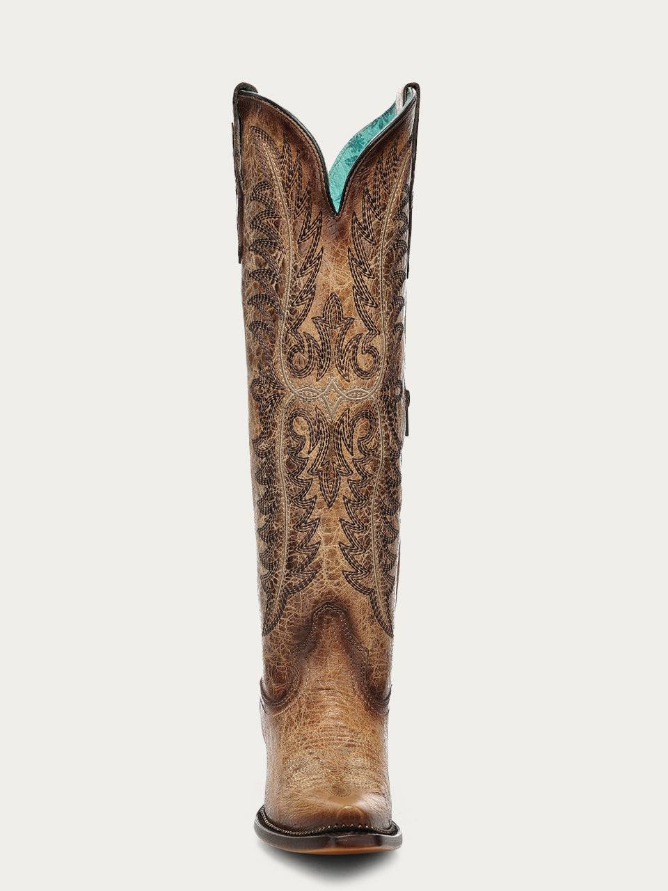 Women's Corral Sand Genuine Leather Boots with Embroidery & Metallic Welt Tall Top, ornate brown Western embroidery and snip toe